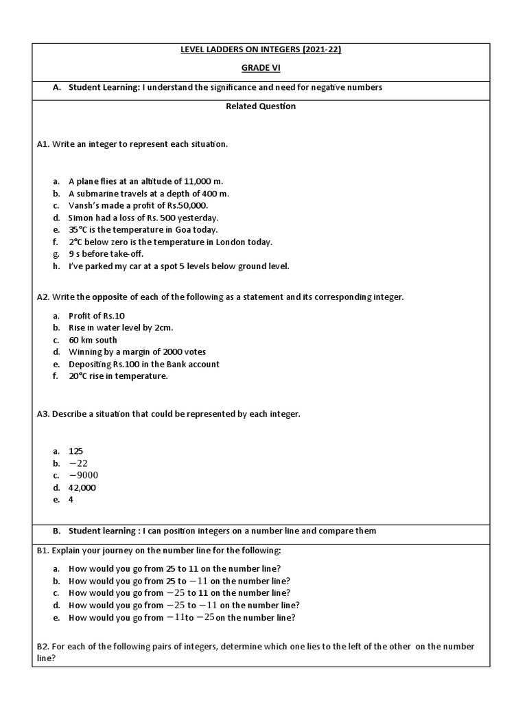 Level Ladder ON INTEGERS 2021-22 | PDF | Numbers | Integer