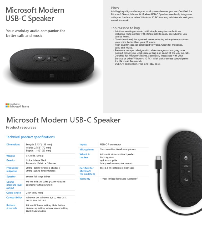 Speaker USB-C Microsoft – Ottimizzato Per Teams, Chiamate E Musica Con Microfono Omnidirezionale - 5