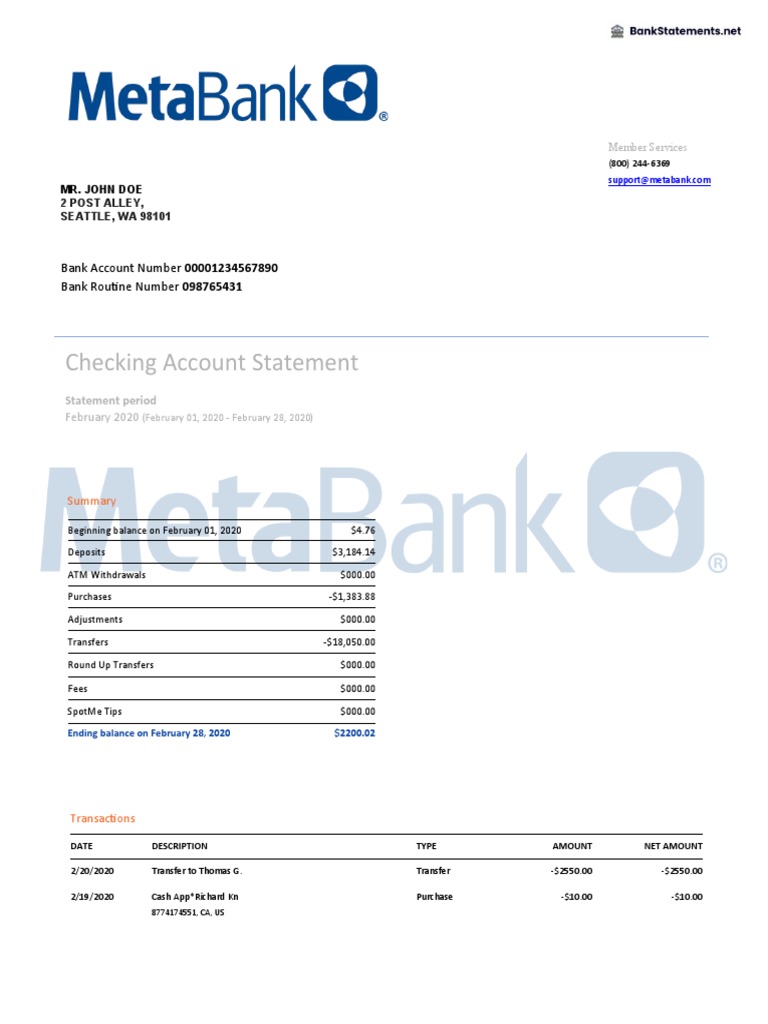 Metabank Checking Account Statement | PDF | Deposit Account | Economies