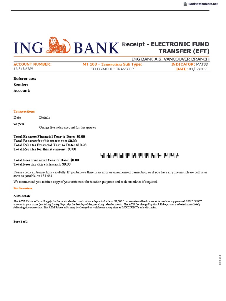 Receipt Electronic Fund Transfer (Eft) Account Number MT 103