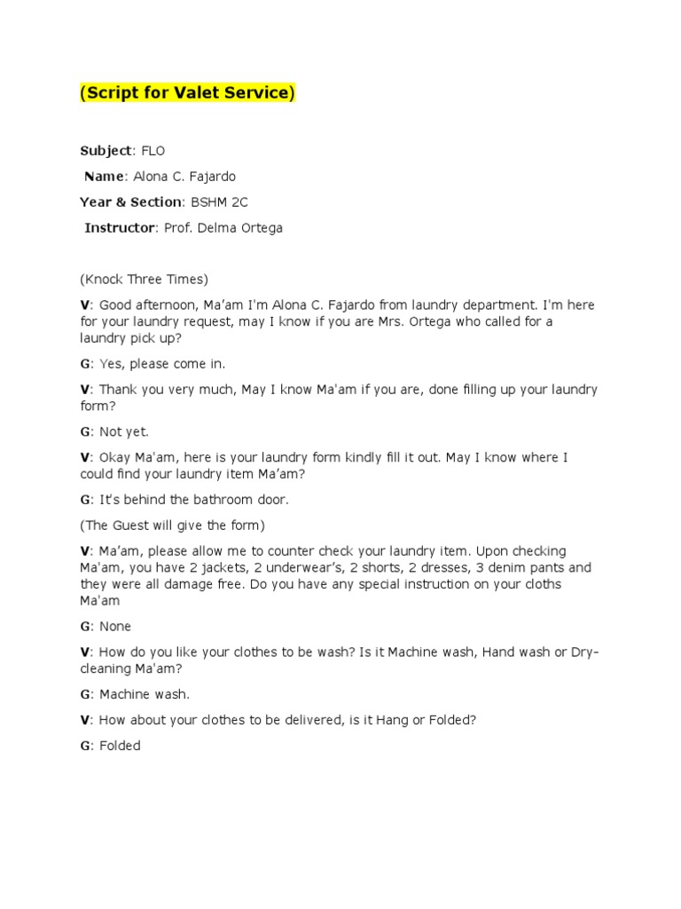 Script For Valet and Butler Service PDF Laundry