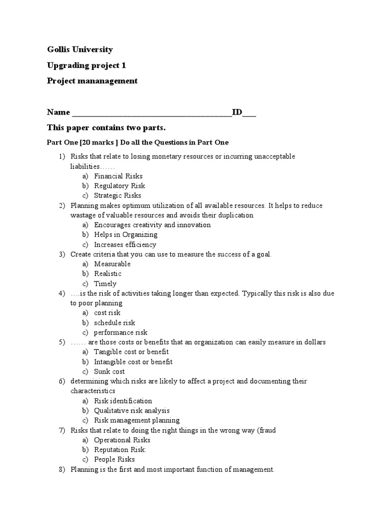 Project Management Exam Questions & Answers | PDF | Risk | Project ...