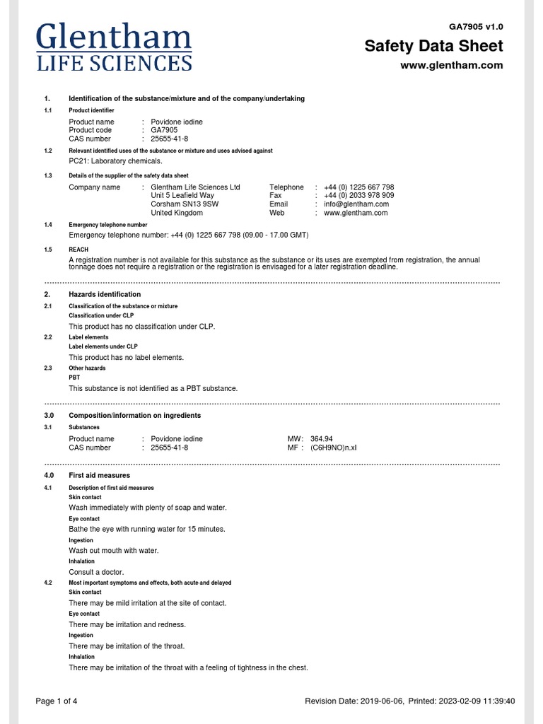 Sds Safety Data Sheet Povidone Iodine PDF Toxicity Personal