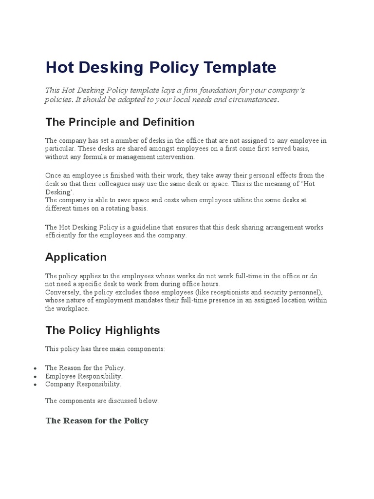 Hot Desking Policy Template PDF Employment Desk