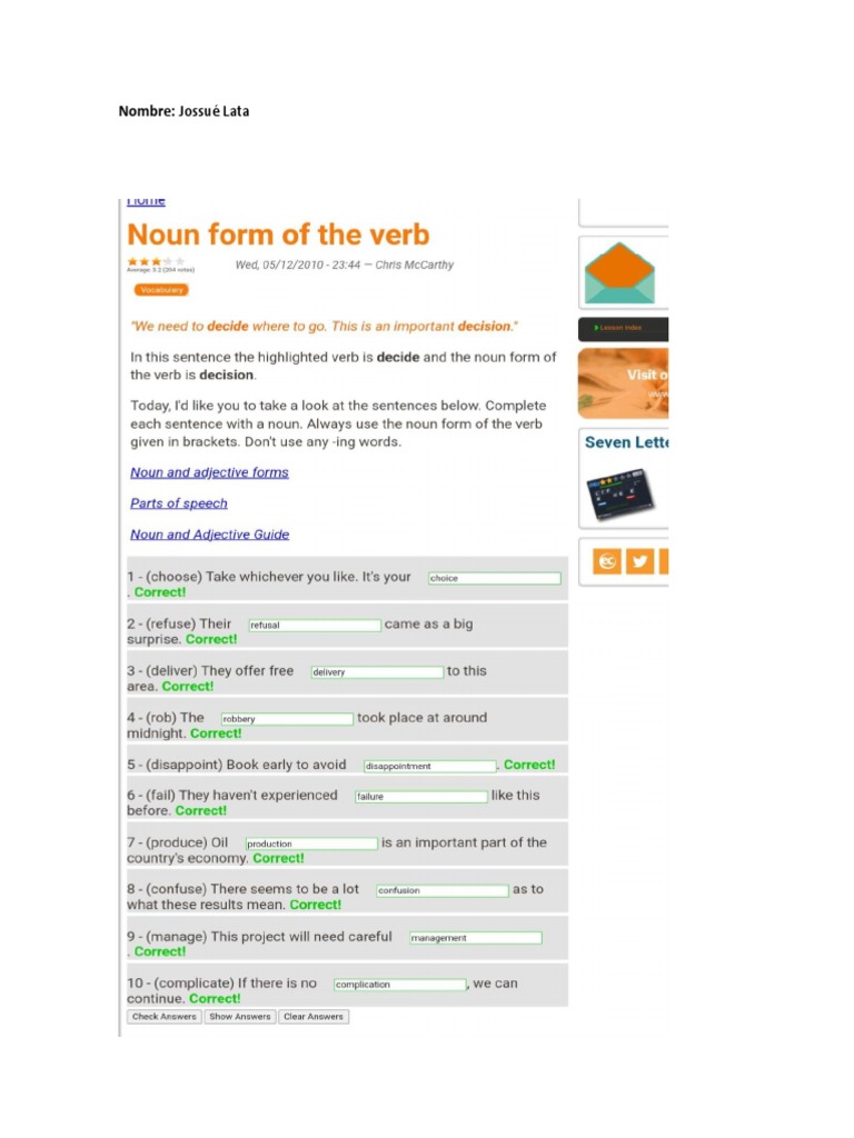 Noun Forms of Verbs Class Activity 2 Jossué Lata PDF