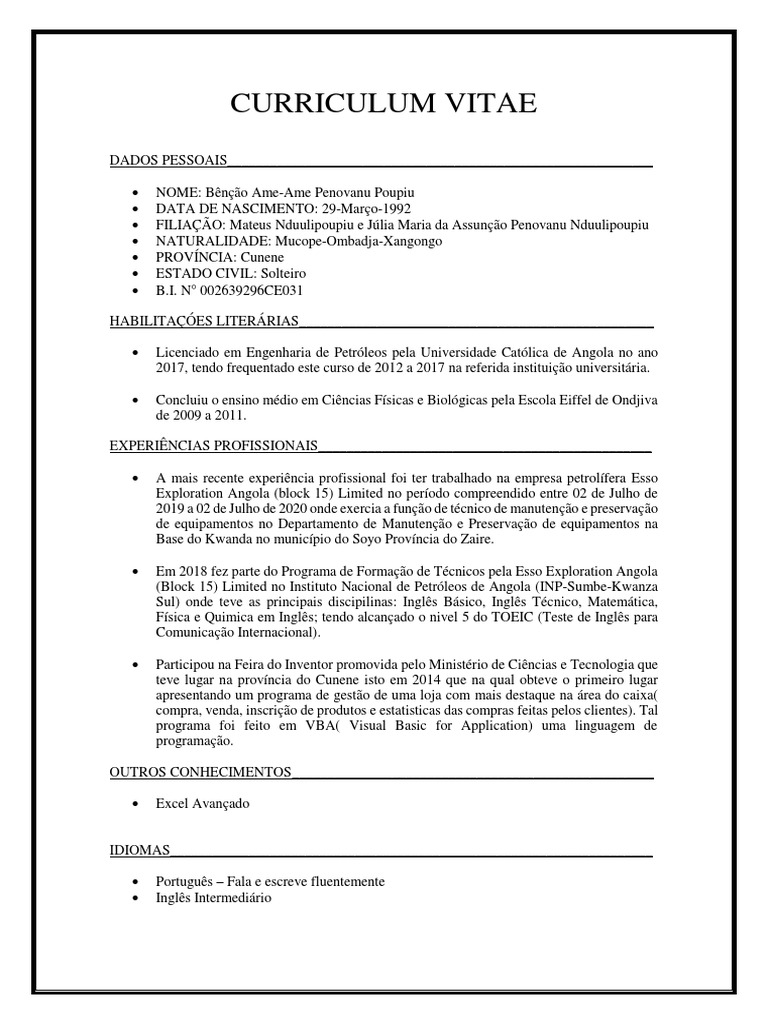 CURRICULUM VITAE B N O 1 PDF Angola