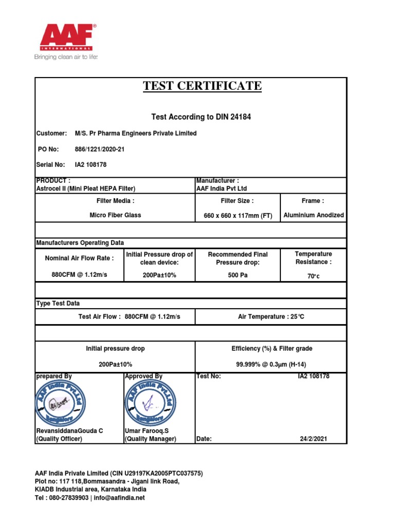 AAF HEPA Filter Test Certificate | PDF | Glasses | Manufactured Goods