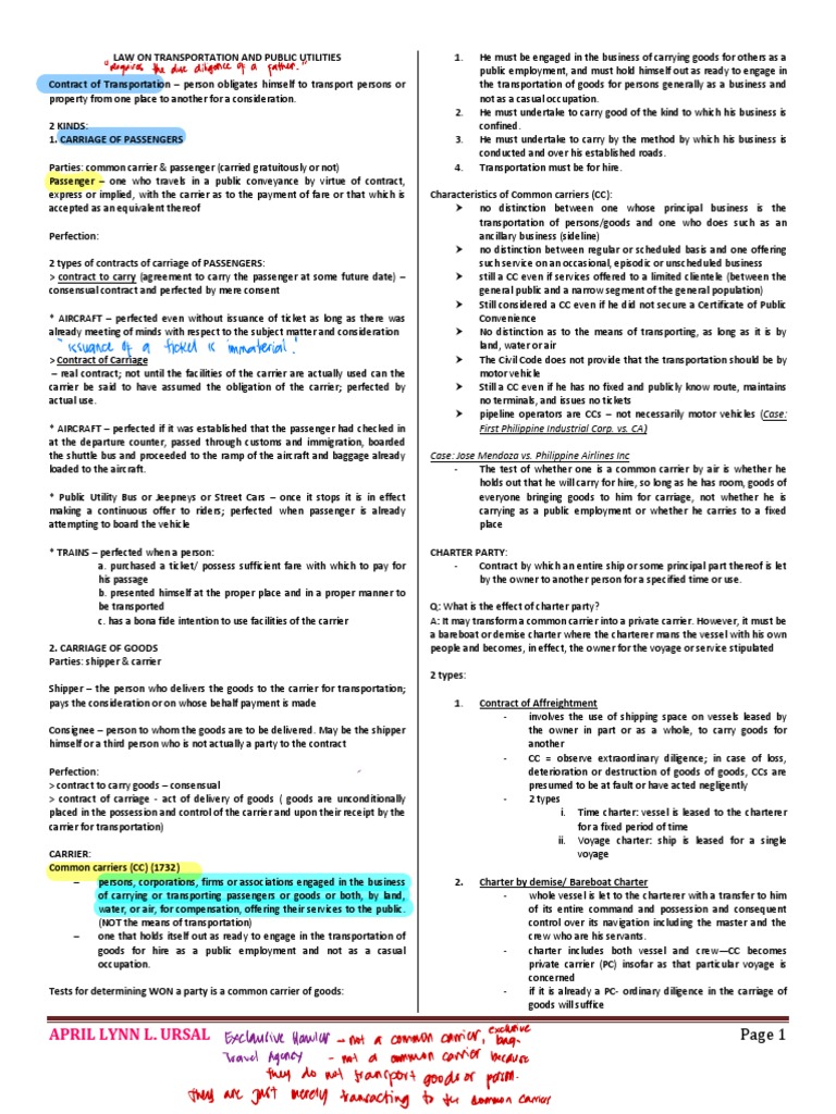 Law On Transportation and Public Utilities PDF Common Carrier