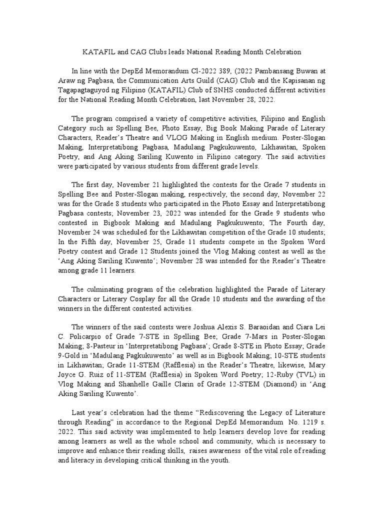 Snhs Clubs Lead National Reading Month With Competitions Pdf