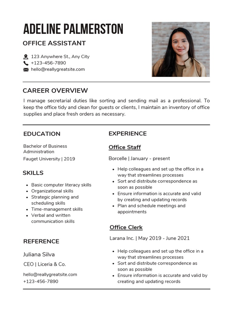 Black and White Simple Office Assistant Resume | PDF