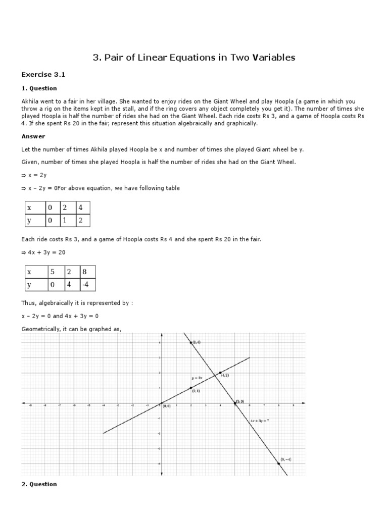 Pair of Linear Equations in Two Variables | PDF