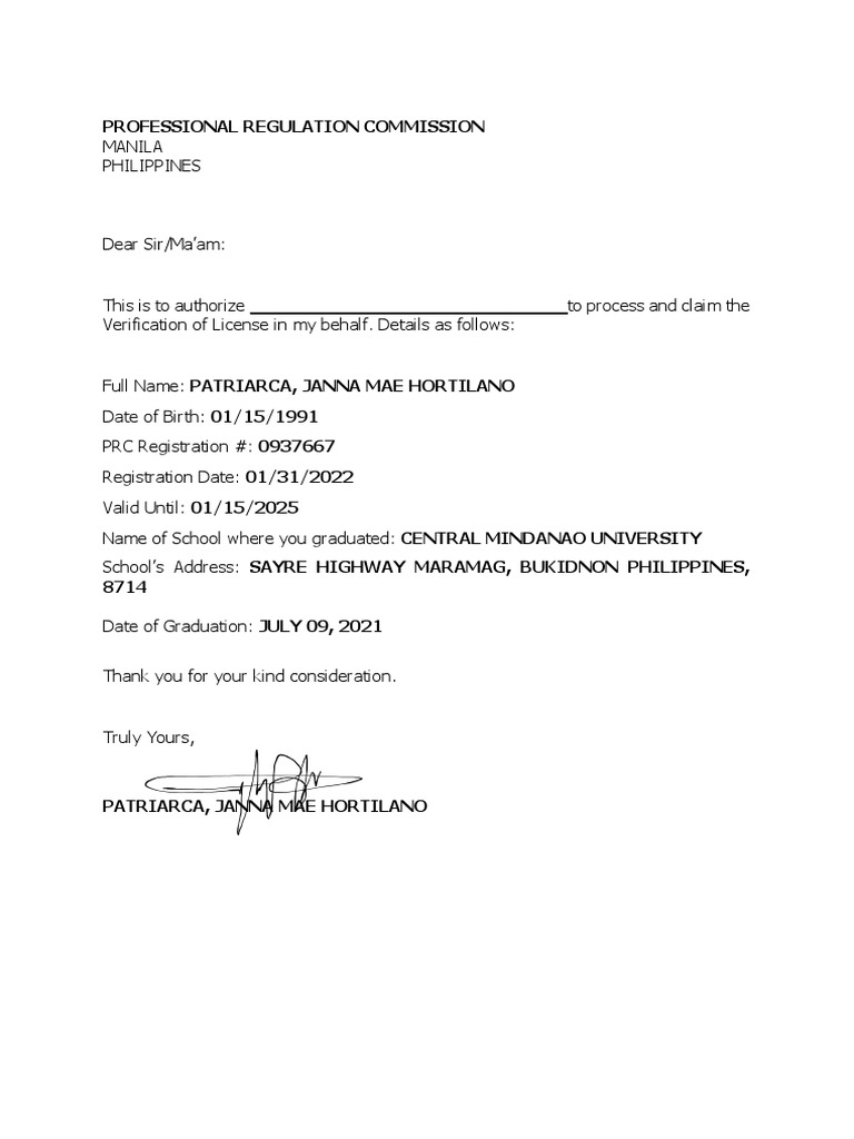 License Verification Authorization Letter | PDF