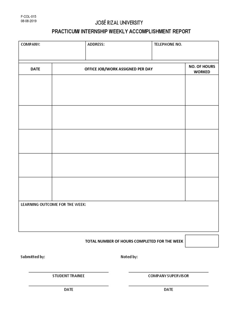 F-COL-015 Practicum Internship Weekly Accomplishment Report | PDF