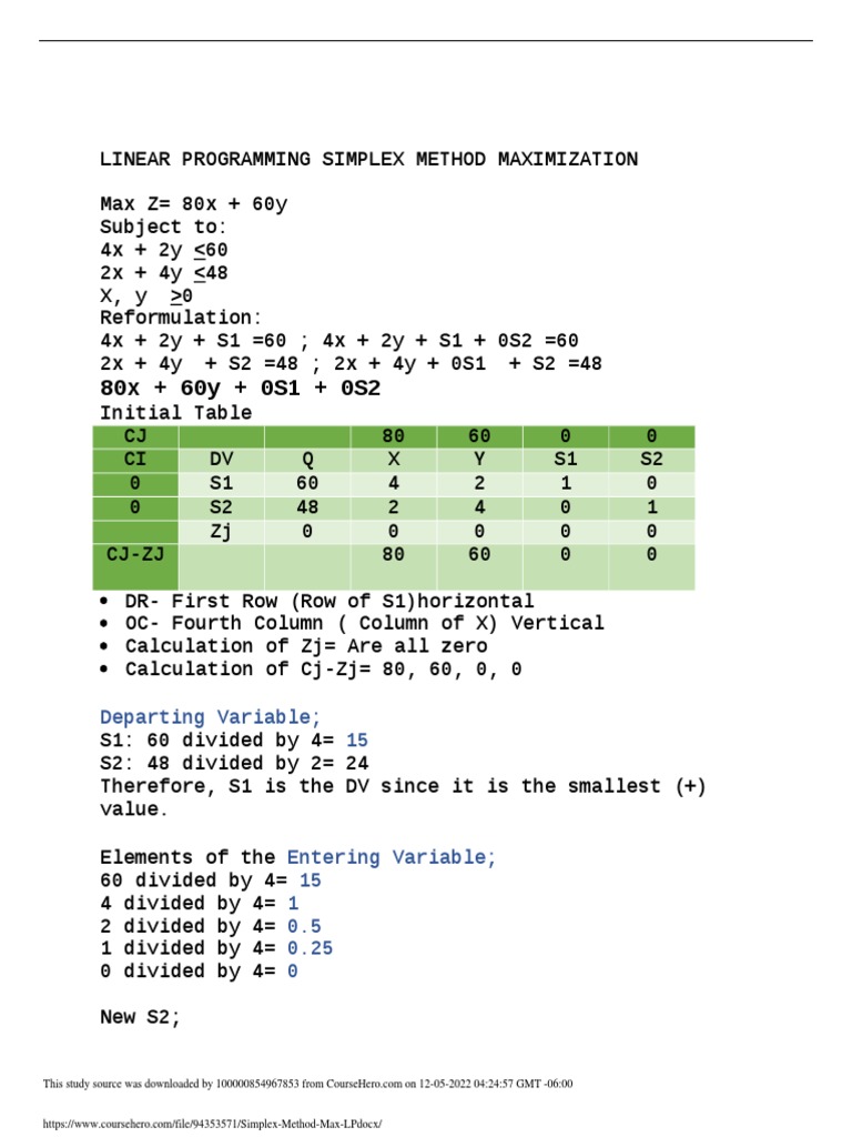Simplex Method Max LP | PDF | Analysis | Systems Analysis