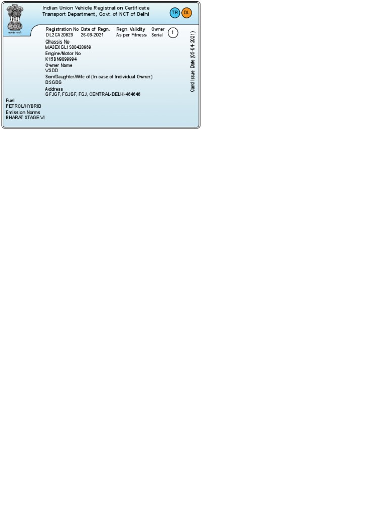 Indian Vehicle Registration Certificate | PDF