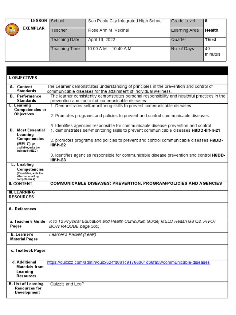 Lesson Exemplar Health q3w8 | PDF | Wellness