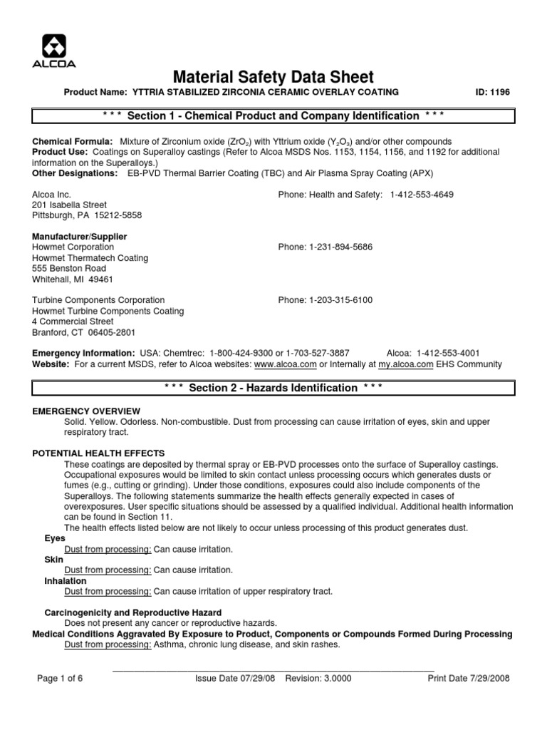Material Safety Data Sheet for Yttria Stabilized Zirconia Ceramic