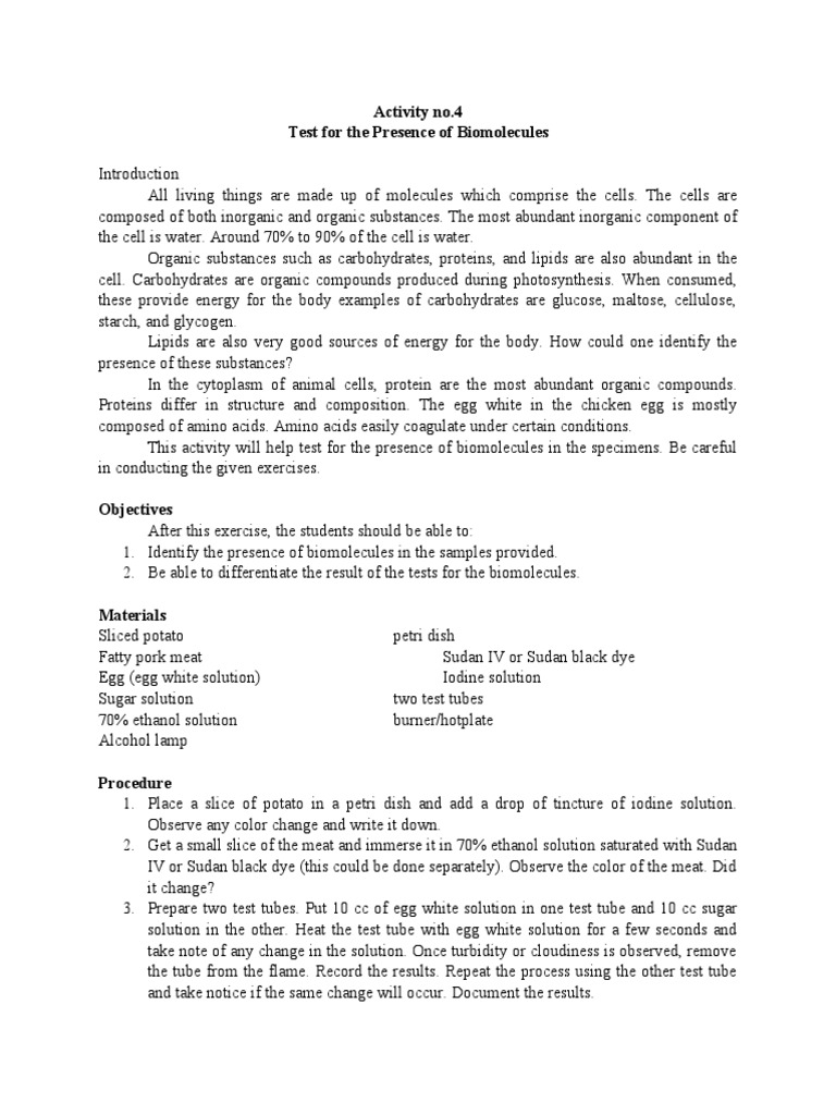 Activity 4 Biomolecules PDF Biomolecules Cell (Biology)