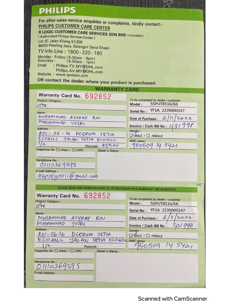 Warranty Card TV Philips | PDF