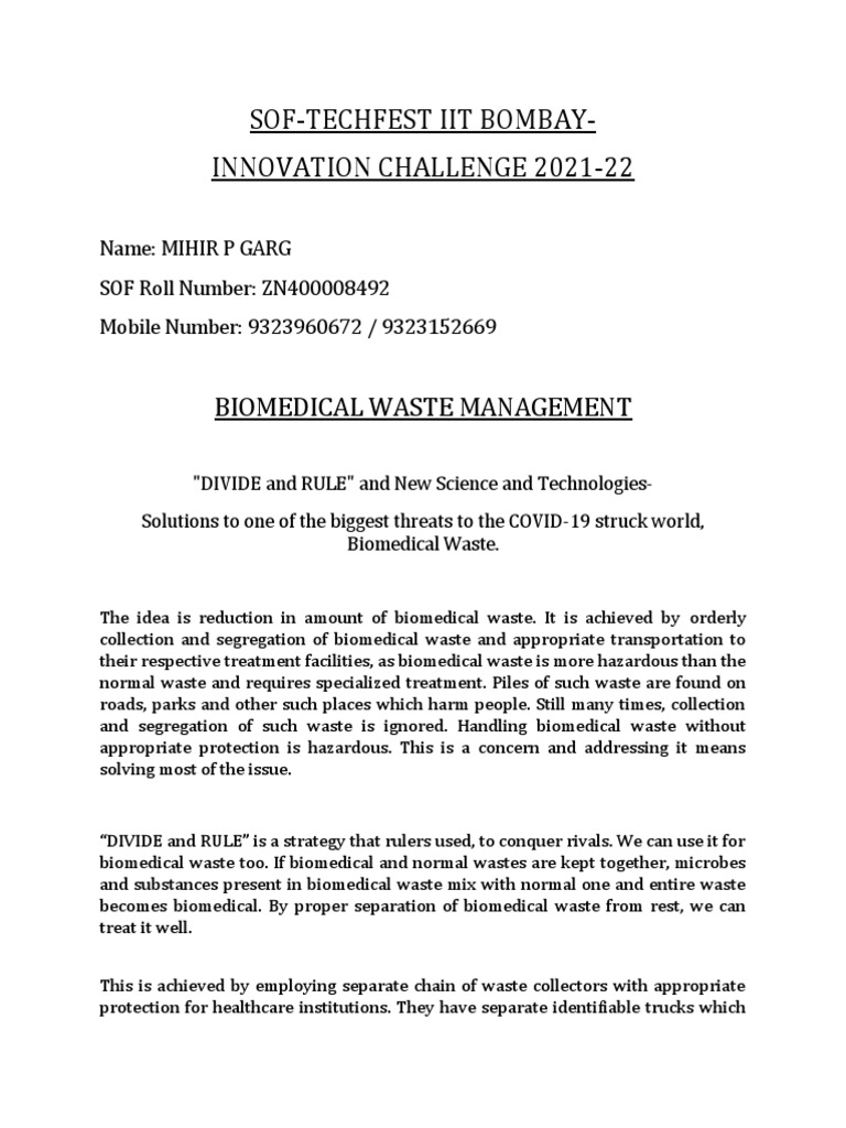 Innovation Challenge 202122 Biomedical Waste Management PDF Waste