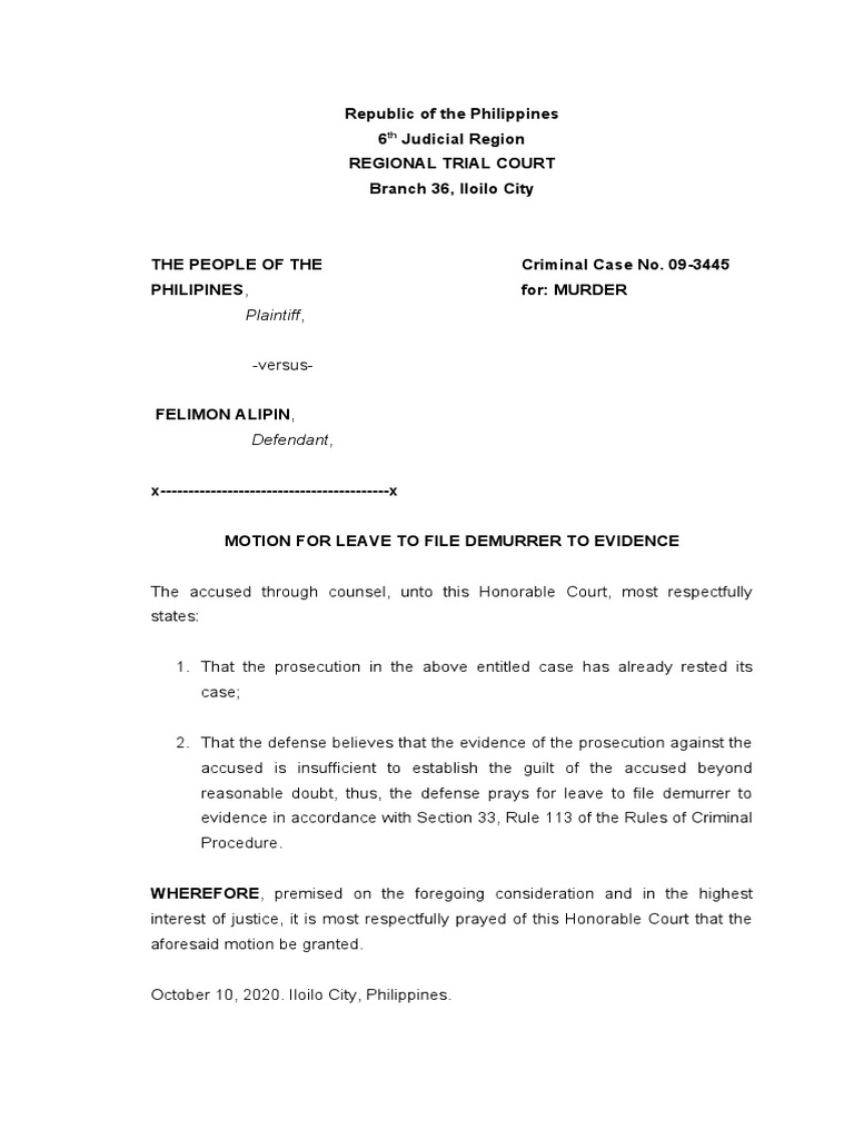 3.1 2.motion Loc and Demurrer To Evidence PDF Burden Of Proof (Law) Reasonable Doubt