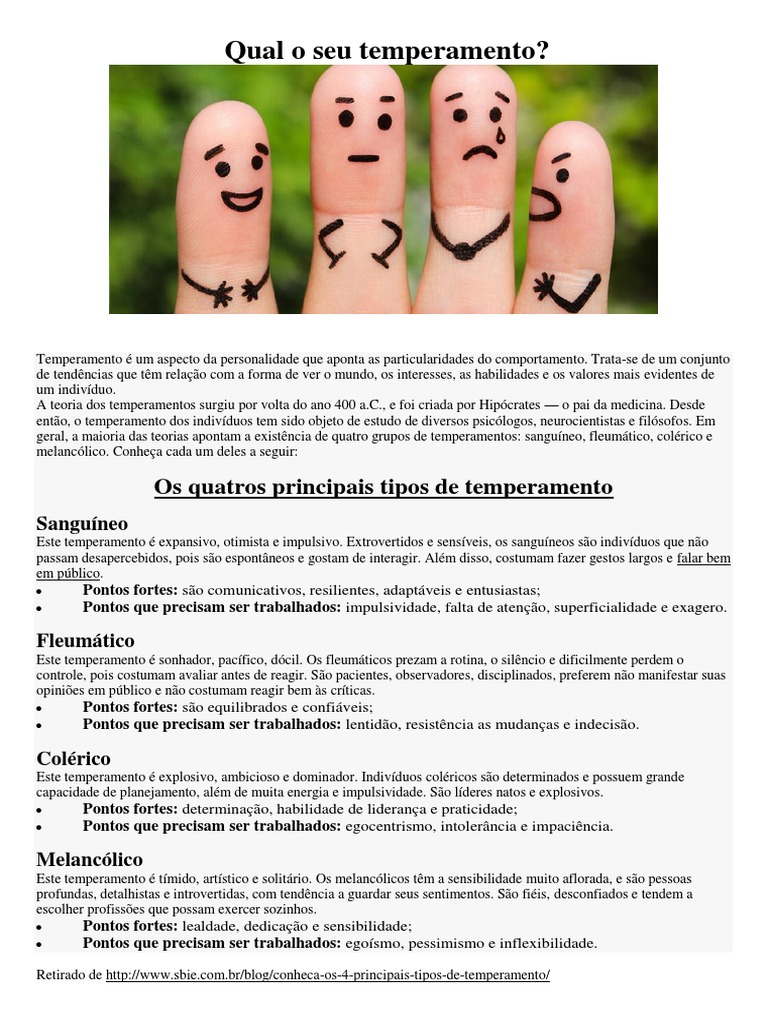 Os quatro principais tipos de temperamento: sanguíneo, fleumático ...