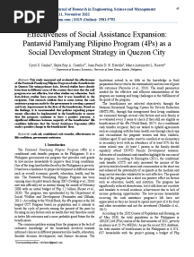 Effectiveness of Social Assistance Expansion: Pantawid Pamilyang Pilipino Program (4Ps) As A Social Development Strategy in Quezon City