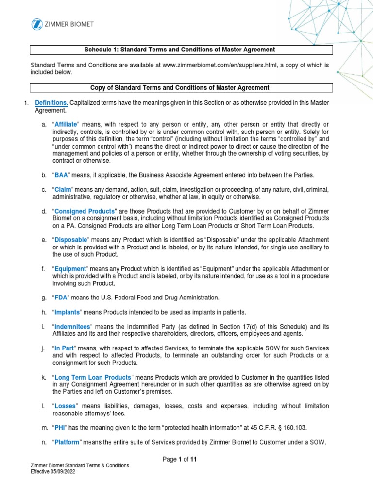 Zimmer Biomet - Standard Terms and Conditions - FINAL | PDF | Indemnity ...