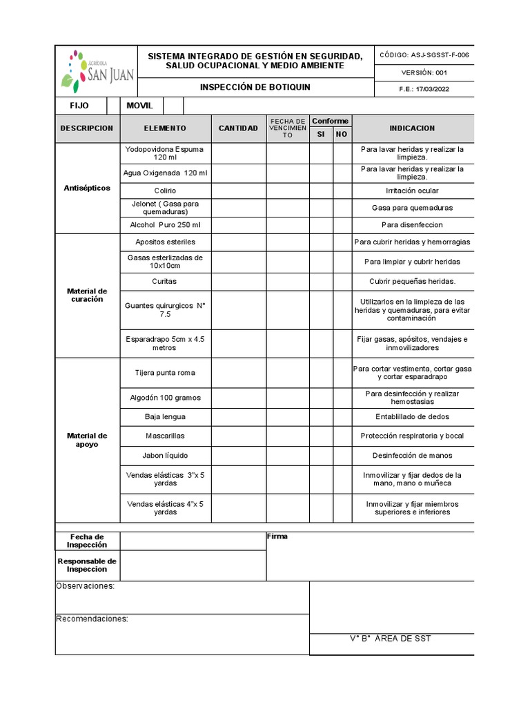 Inspección de Botiquín de Primeros Auxilios | PDF | Química