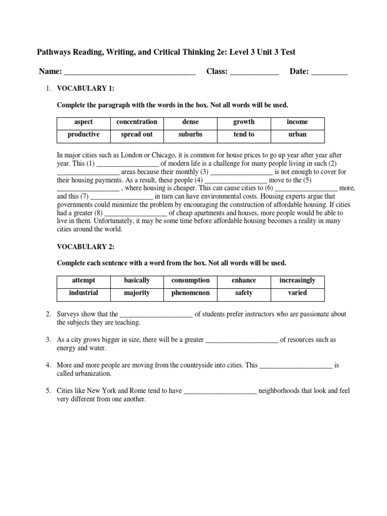 Pathways 3 Unit 3 Test Answer Key | PDF | Urban Sprawl | Suburb
