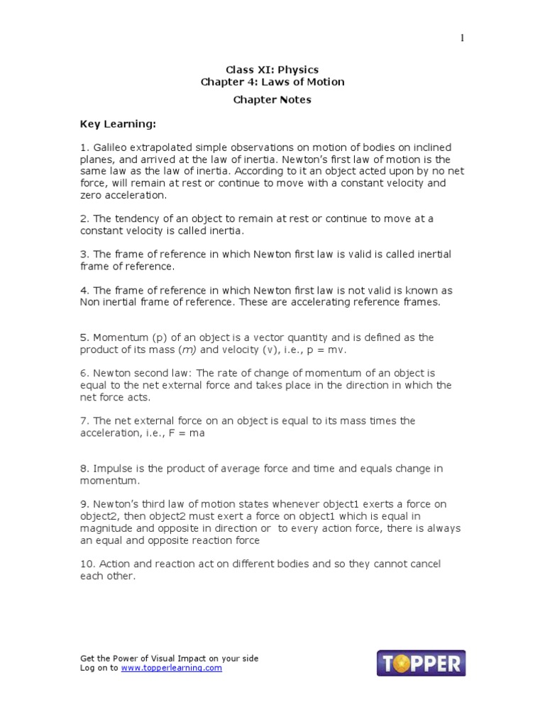 Class XI: Physics Chapter 4: Laws of Motion Chapter Notes Key Learning ...