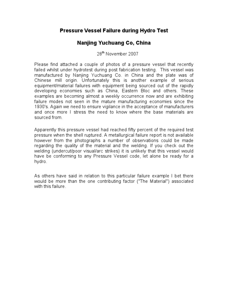 Pressure Vessel Failure During Hydrotest Pdf