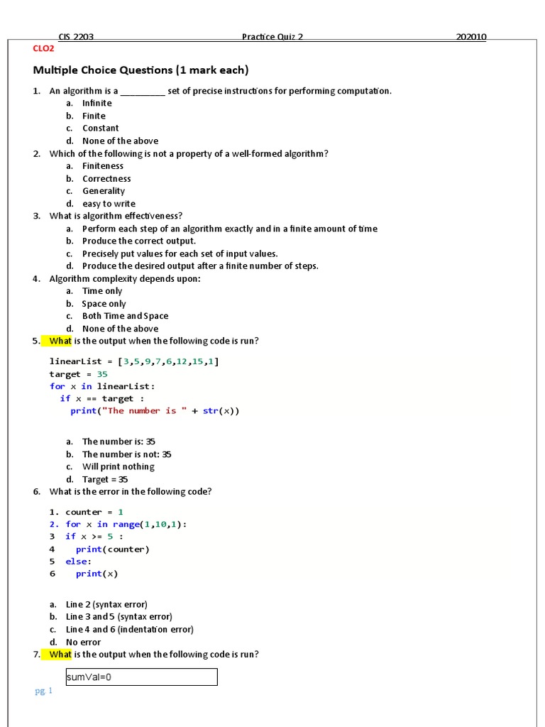 1a. Practice Quiz 2 PDF Time Complexity Computational Complexity