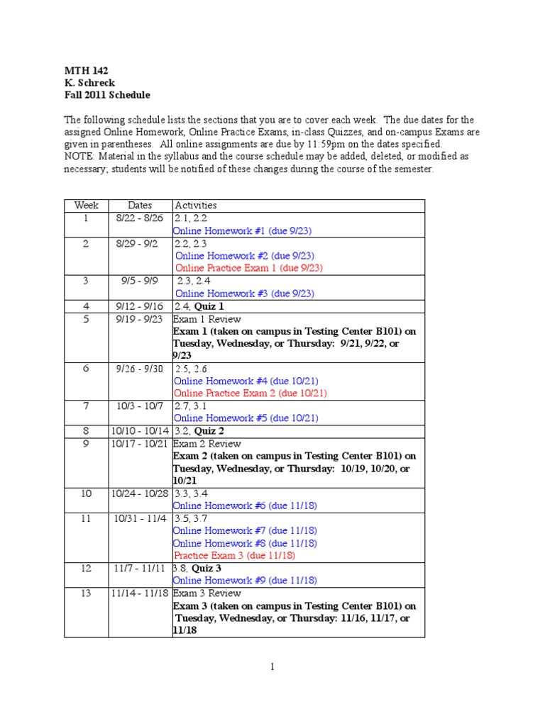MTH 142 Fall 2011 Course Schedule | PDF | Computers | Technology ...