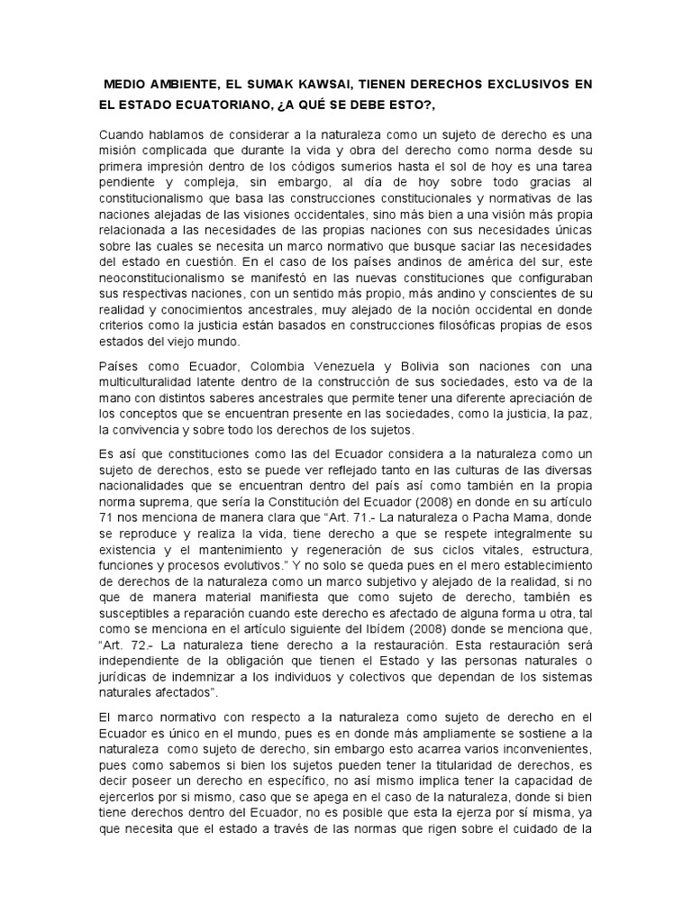 Medio Ambiente El Sumak Kawsay PDF Derechos Constitución