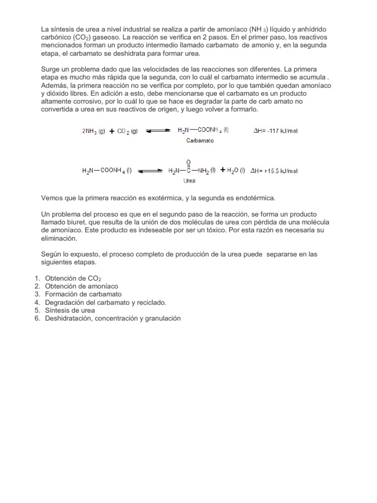 La síntesis de urea a nivel industrial se realiza a partir de amoníaco