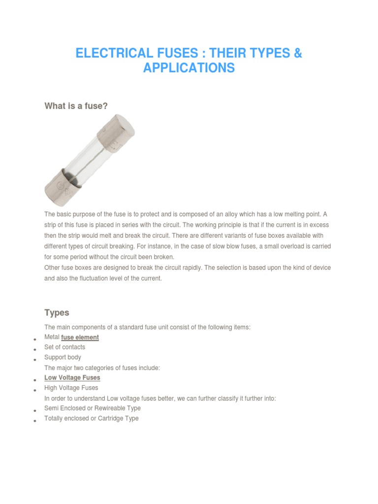 Electrical Fuses Their Types Applications PDF Fuse (Electrical) Components