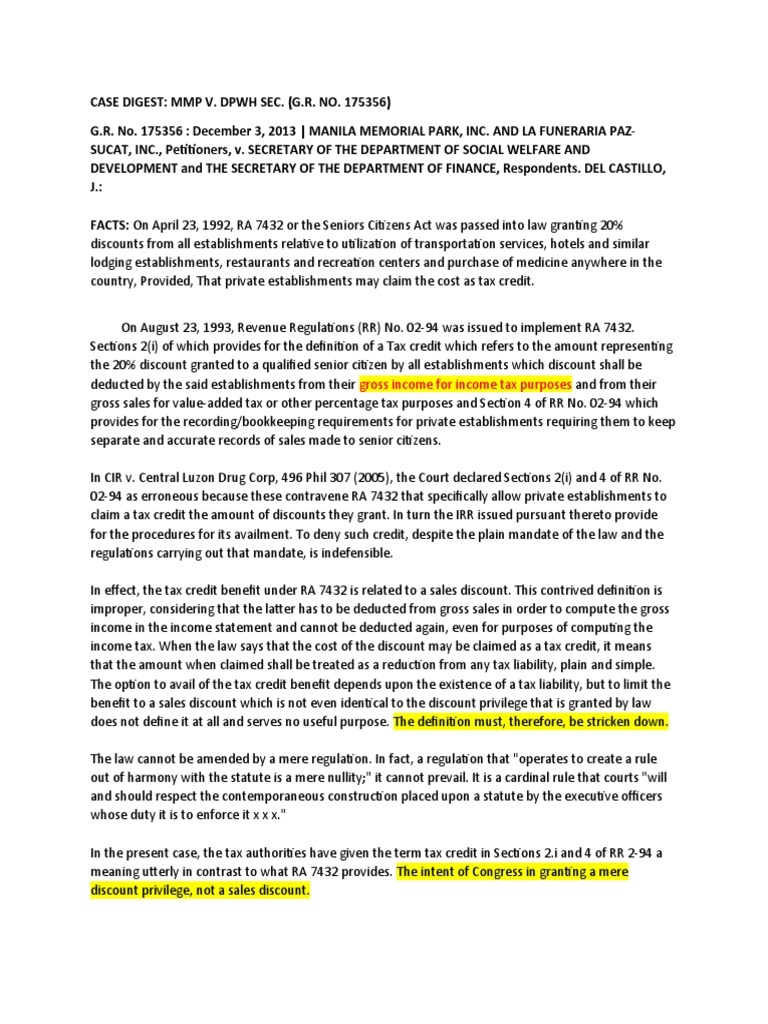 CASE DIGEST Manila Memorial Park | PDF | Strict Scrutiny | Taxes