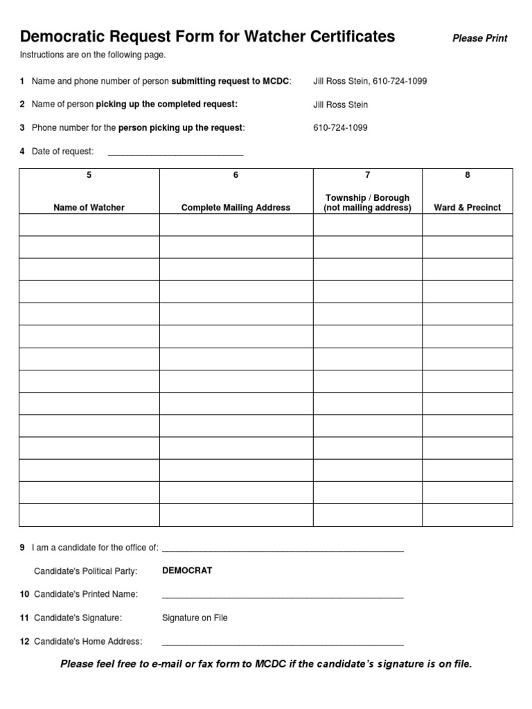 Democratic Watcher Certificate Request Form | PDF | Polling Place ...