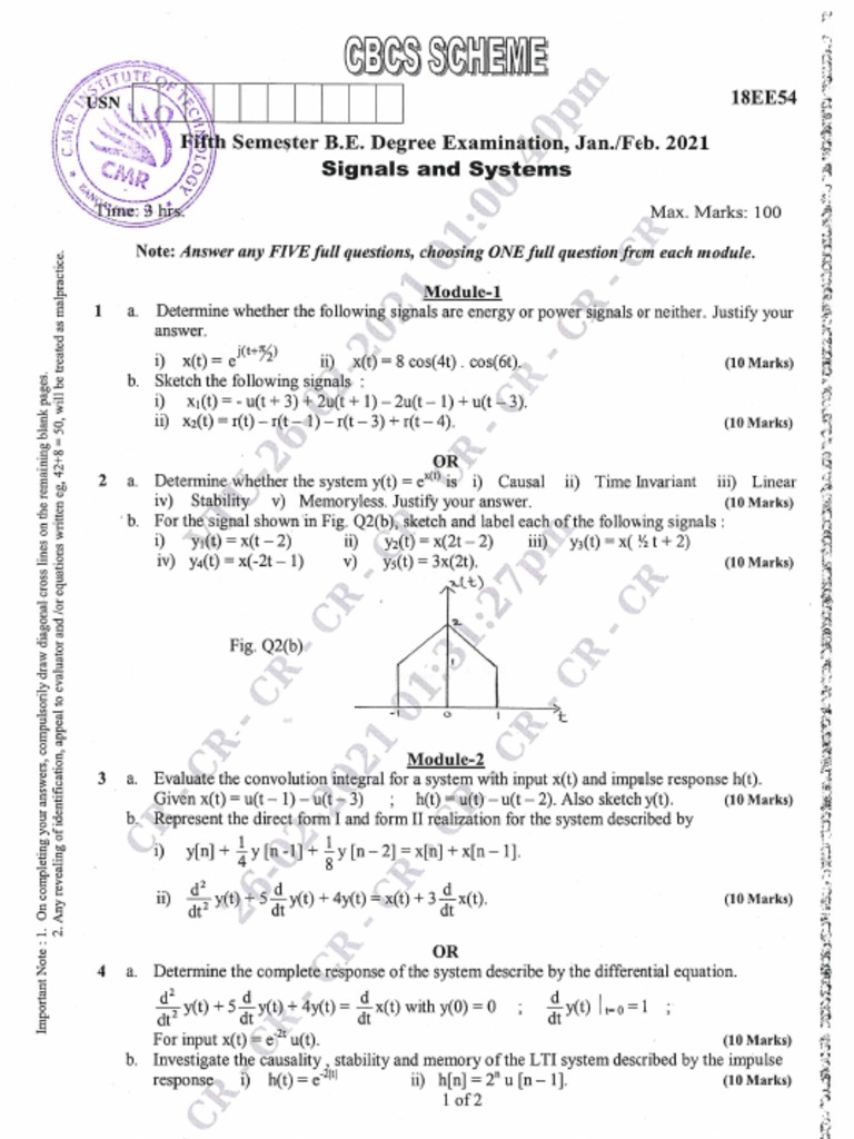 VTU Question Paper of 18EE54 Signals and Systems Jan2021 PDF