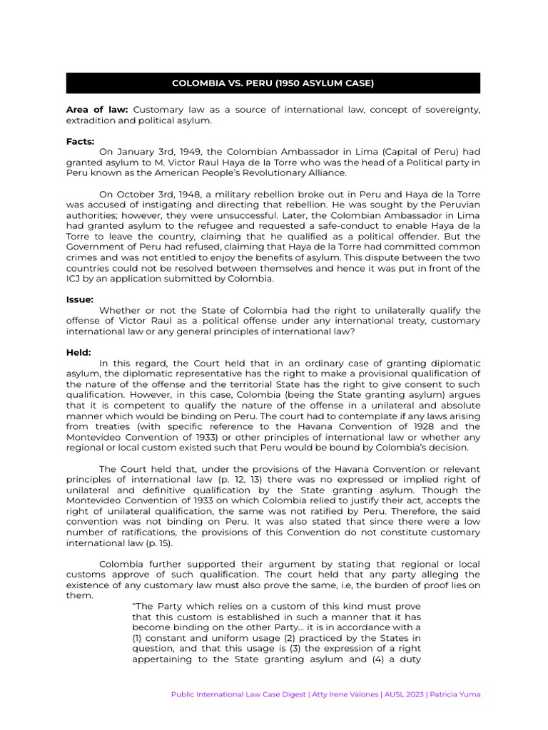 Colombia vs. Peru (1950 Asylum Case) Digest | PDF | International Law ...