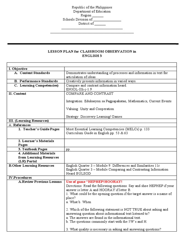 Grade 3 English Lesson Plan: Compare & Contrast | PDF | Lesson Plan ...