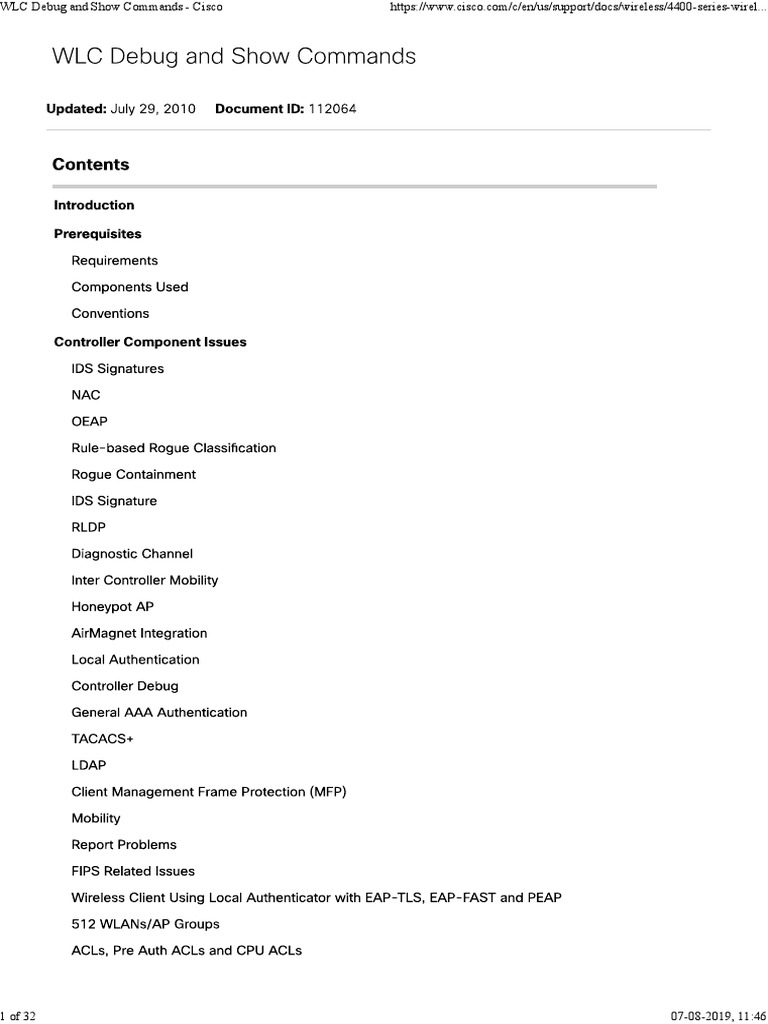 Cisco WLC Debug Commands Guide | PDF | Computing | Computer Networking