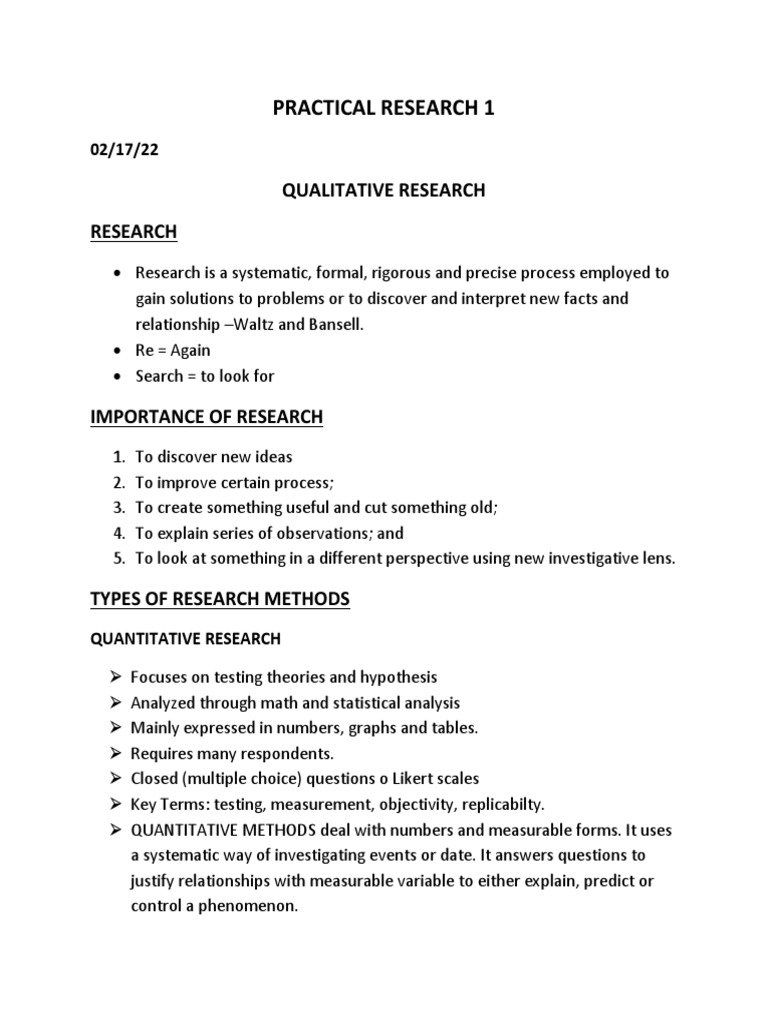 Practical Research 1 Notebook | PDF | Methodology | Qualitative Research