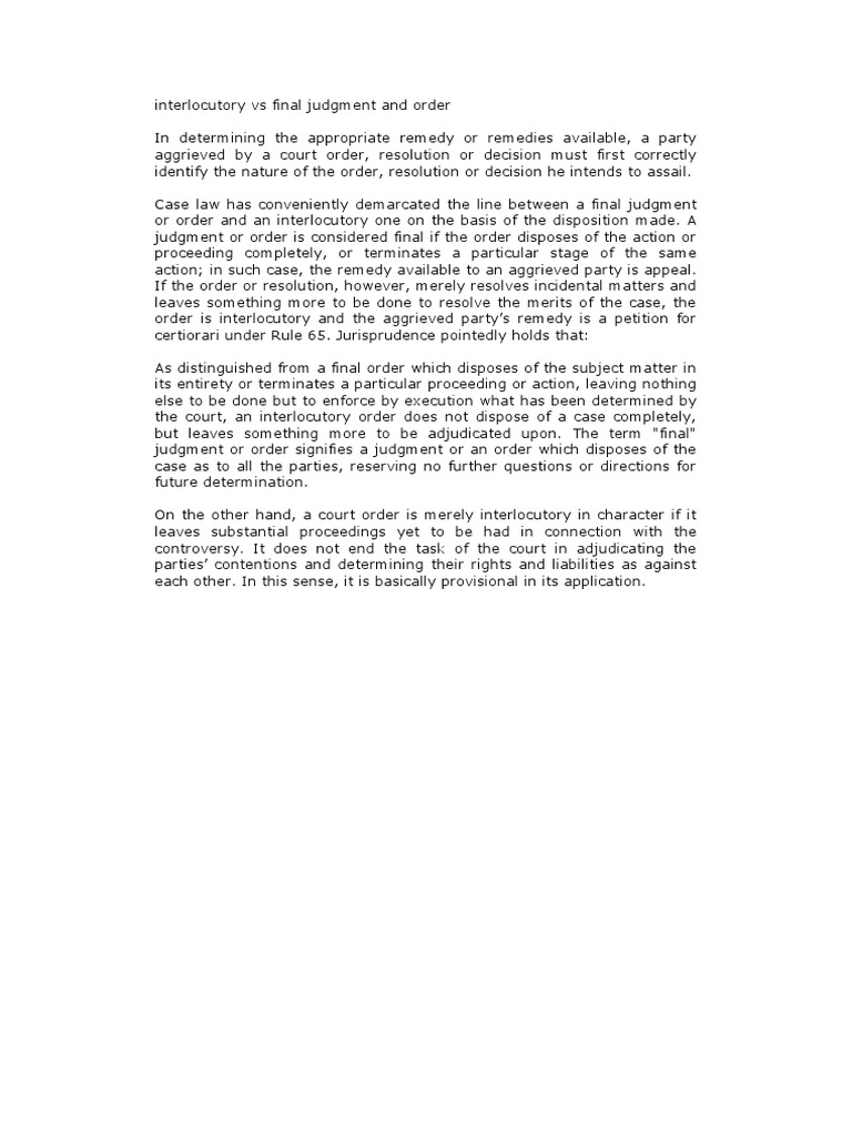 Interlocutory Vs Final Judgment and Order PDF