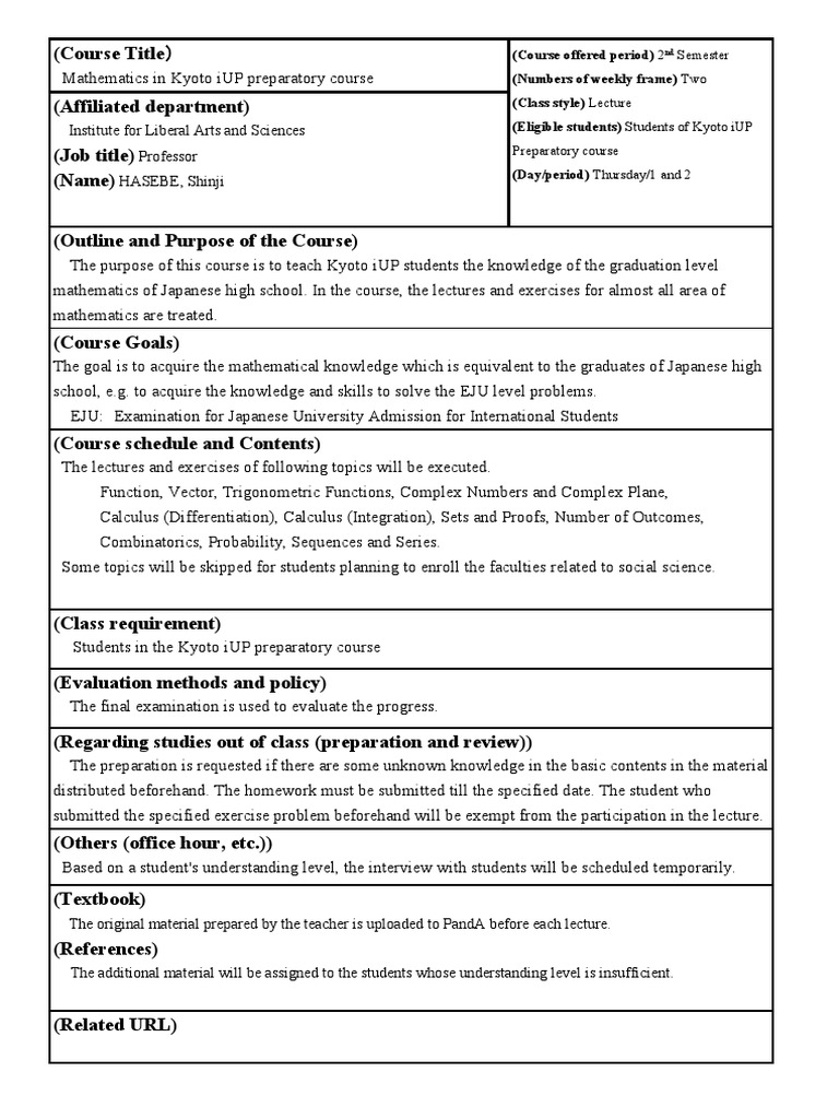Mathematics in Kyoto iUP Preparatory Course PDF Mathematics