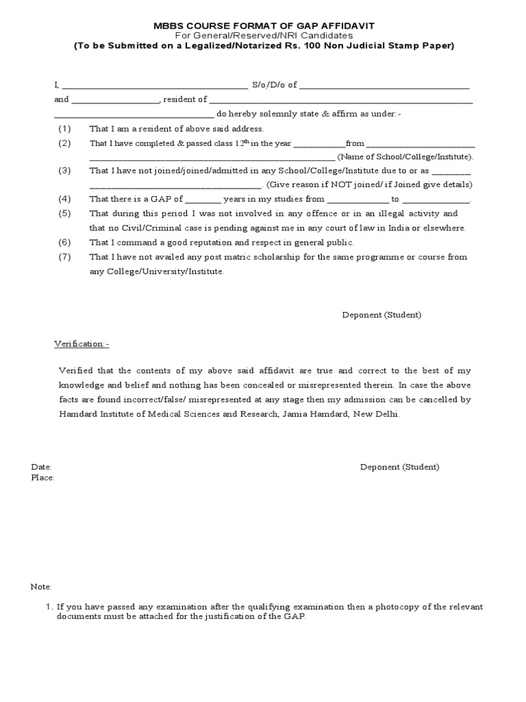 Gap Affidavit Format for MBBS Admission | PDF