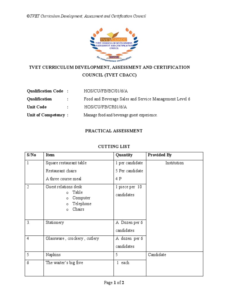 Cutting List - Guest Experience Management | PDF | Cooking, Food & Wine ...