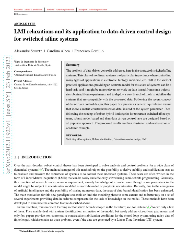Data-Driven Control for Switched Affine Systems | PDF | Matrix ...