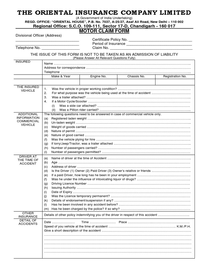 Oriental Claim Form CHD PDF